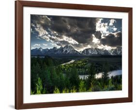 The Snake River with the Sun Setting over the Grand Tetons in the Background-Brad Beck-Framed Photographic Print