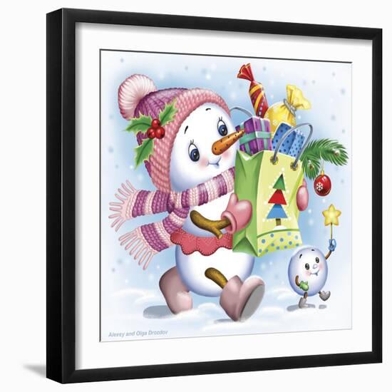 The snow girl with gifts-Olga And Alexey Drozdov-Framed Giclee Print