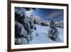 The snowy peak of Sass De Putia frames the wooden hut and woods at dawn, Passo Delle Erbe, Funes Va-Roberto Moiola-Framed Photographic Print