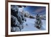 The snowy peak of Sass De Putia frames the wooden hut and woods at dawn, Passo Delle Erbe, Funes Va-Roberto Moiola-Framed Photographic Print