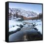 The snowy peaks reflected in the frozen Lake Mufule, Malenco Valley, Province of Sondrio, Valtellin-Roberto Moiola-Framed Stretched Canvas