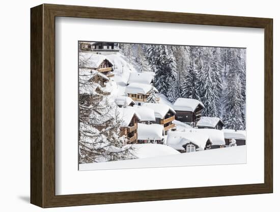 The Snowy Woods Frame the Typical Mountain Huts, Bettmeralp, District of Raron-Roberto Moiola-Framed Photographic Print