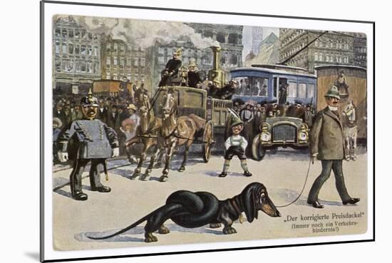 The Solution to the Problem for Traffic When a Very Long Dachshund Crosses the Road with is Owner-null-Mounted Art Print