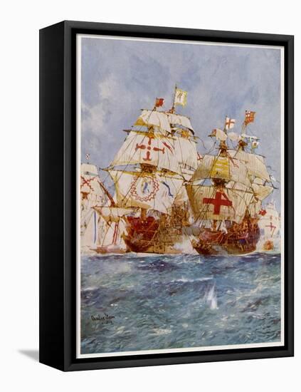 The Spanish Armada Lord Howard in the Ark Royal Attacks Medina Sidonia in the San Martin-Charles Dixon-Framed Stretched Canvas