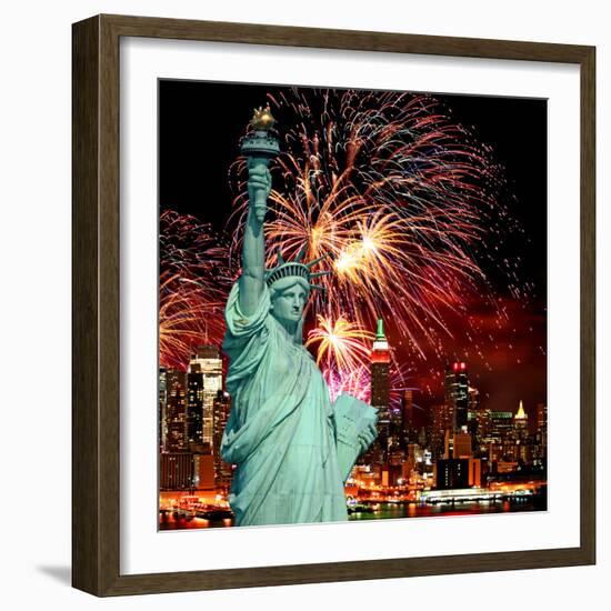 The Statue of Liberty and Holiday Fireworks-Gary718-Framed Photographic Print