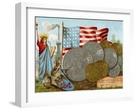 The Statue of Liberty Beside a Factory Chimney, the American Flag and a Display of Dollars, C.1890-null-Framed Giclee Print