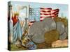 The Statue of Liberty Beside a Factory Chimney, the American Flag and a Display of Dollars, C.1890-null-Stretched Canvas