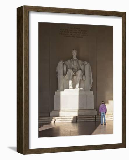 The Statue of Lincoln in the Lincoln Memorial Being Admired by a Young Girl, Washington D.C., USA-Mark Chivers-Framed Photographic Print