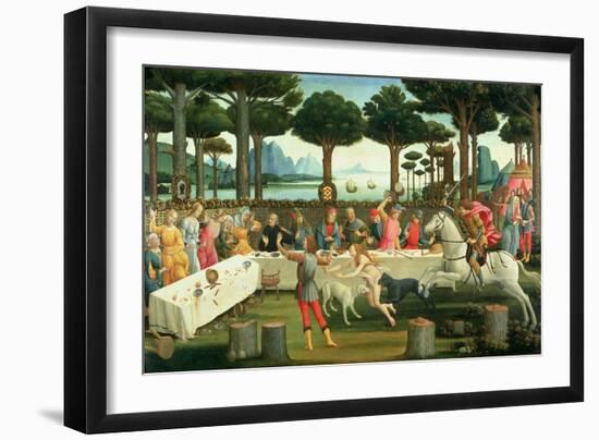 The Story of Nastagio Degli Onesti: Nastagio Arranges a Feast at Which the Ghosts Reappear, 1483-87-Sandro Botticelli-Framed Premium Giclee Print
