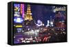 The Strip with Paris at Las Vegas main strip lights at night.-Michele Niles-Framed Stretched Canvas