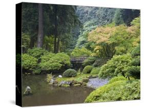 The Strolling Pond with Moon Bridge in the Japanese Garden, Portland, Oregon, USA-Greg Probst-Stretched Canvas