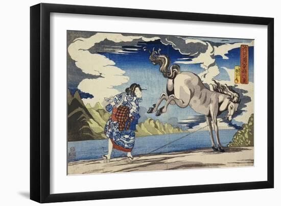 The Strong Woman, Okane, of Omi Province, Subduing a Wild Horse-Kuniyoshi Utagawa-Framed Giclee Print