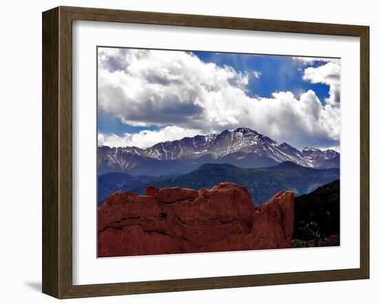 The Sun Breaks Through the Clouds to Highlight the Summit of Pikes Peak-null-Framed Premium Photographic Print