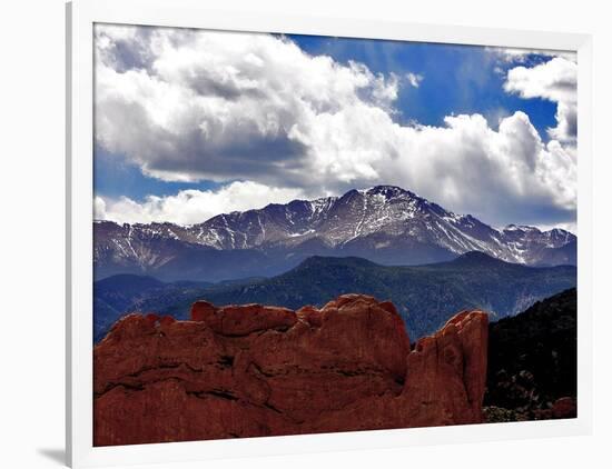 The Sun Breaks Through the Clouds to Highlight the Summit of Pikes Peak-null-Framed Photographic Print