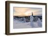 The sun frames the snowy landscape and woods in the cold arctic winter, Ruka, Kuusamo, Ostrobothnia-Roberto Moiola-Framed Photographic Print