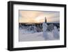 The sun frames the snowy landscape and woods in the cold arctic winter, Ruka, Kuusamo, Ostrobothnia-Roberto Moiola-Framed Photographic Print