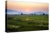 The Sun Sets Behind Foggy Hills and Expansive Rice Paddy Fields Near Chiang Mai, Thailand-Dan Holz-Stretched Canvas