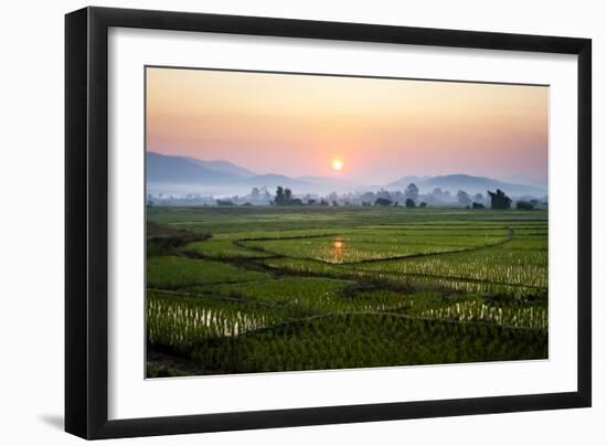 The Sun Sets Behind Foggy Hills and Expansive Rice Paddy Fields Near Chiang Mai, Thailand-Dan Holz-Framed Photographic Print