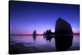 The Sun Sets Behind Haystack Rock at Cannon Beach, Oregon-Ben Coffman-Stretched Canvas