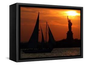 The Sun Sets Behind the Statue of Liberty on the Longest Day of the Year-null-Framed Stretched Canvas