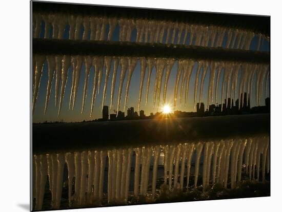 The Sun Sets on a Sub Zero Day Behind the Skyline of Milwaukee-null-Mounted Photographic Print