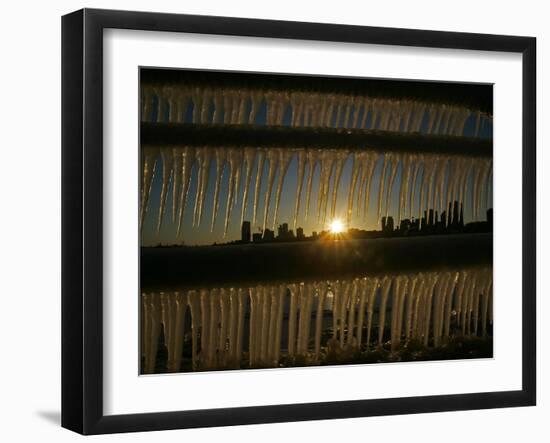 The Sun Sets on a Sub Zero Day Behind the Skyline of Milwaukee-null-Framed Photographic Print