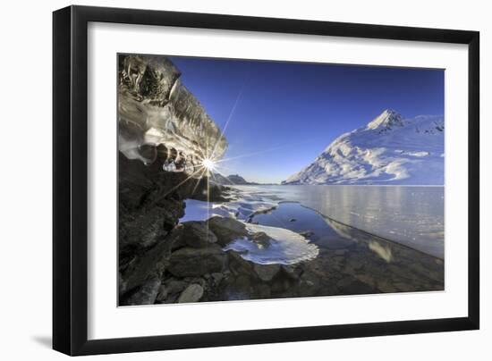 The Sun Shining Through Icicles on the Shores of Lake Bianco, Canton of Graubunden. Engadine-ClickAlps-Framed Photographic Print