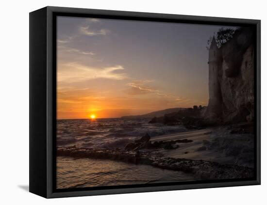 The Sunset over the Turret Tower at Victoria Beach in Laguna Beach, Southern California-Stephanie Starr-Framed Stretched Canvas