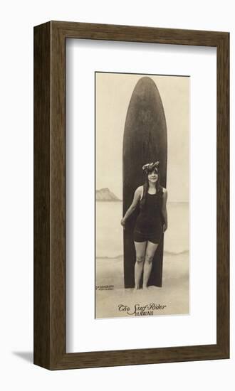 The Surf-Rider Hawaii, Girl with Surfboard, Photo Postcard c.1920-Ray Jerome Baker-Framed Art Print