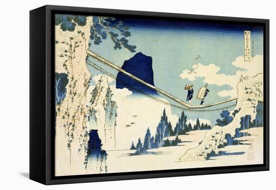 The Suspension Bridge Between Hida and Etchu-Katsushika Hokusai-Framed Stretched Canvas