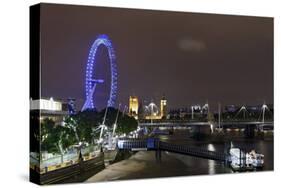 The Thames with London Eye and the Houses of Parliament, at Night, London, England, Uk-Axel Schmies-Stretched Canvas