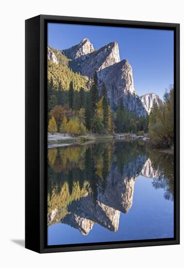 The Three Brothers Reflected in the Merced River at Dawn, Yosemite Valley, California-Adam Burton-Framed Stretched Canvas