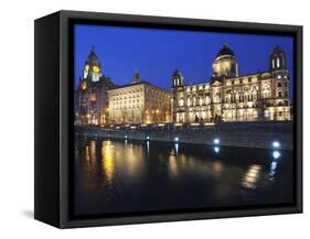 The Three Graces at Dusk, Cunard Building, Port of Liverpool Building, UNESCO World Heritage Site,-Chris Hepburn-Framed Stretched Canvas