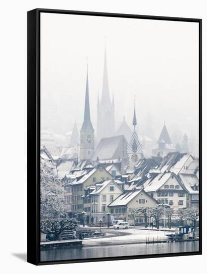 The Town of Zug on a Misty Winter Day, Zug, Switzerland, Europe-John Woodworth-Framed Stretched Canvas