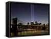 The Tribute of Light Memorial Shines into the Sky Over the Night Skyline of New York City-null-Framed Stretched Canvas