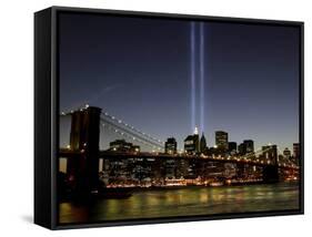 The Tribute of Light Memorial Shines into the Sky Over the Night Skyline of New York City-null-Framed Stretched Canvas