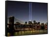 The Tribute of Light Memorial Shines into the Sky Over the Night Skyline of New York City-null-Framed Stretched Canvas