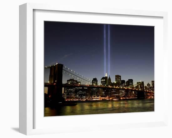 The Tribute of Light Memorial Shines into the Sky Over the Night Skyline of New York City-null-Framed Premium Photographic Print