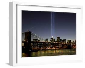 The Tribute of Light Memorial Shines into the Sky Over the Night Skyline of New York City-null-Framed Premium Photographic Print