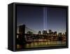 The Tribute of Light Memorial Shines into the Sky Over the Night Skyline of New York City-null-Framed Stretched Canvas