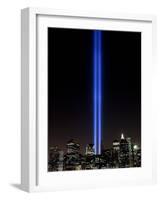 The Tribute of Light Memorial Shines into the Sky Over the Night Skyline of New York City-null-Framed Photographic Print