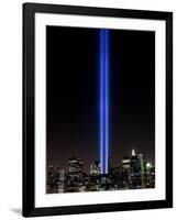 The Tribute of Light Memorial Shines into the Sky Over the Night Skyline of New York City-null-Framed Photographic Print