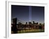 The Tribute of Light Memorial Shines into the Sky Over the Night Skyline of New York City-null-Framed Photographic Print