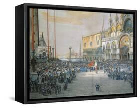 The Tricolour Flying over San Marco Piazza in Venice, 1848-Luigi Querena-Framed Stretched Canvas