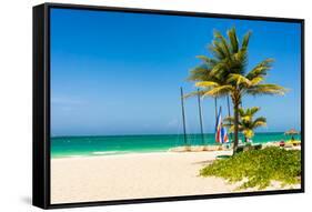The Tropical Beach of Varadero in Cuba with Coconut Palms and Colorful Sailing Boats-Kamira-Framed Stretched Canvas