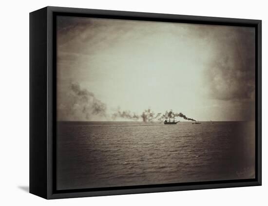 The Tugboat, Black and White Image Showing a Small Boat with Three Masts on the Water-Gustave Le Gray-Framed Stretched Canvas