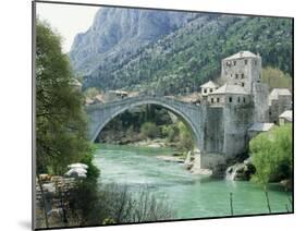 The Turkish Bridge Over the River Neretva Dividing the Town, Mostar, Bosnia, Bosnia-Herzegovina-Michael Short-Mounted Photographic Print