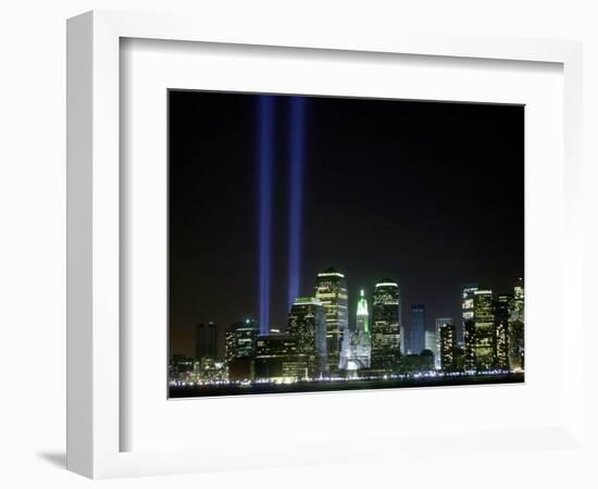 The Twin Lights Memorial Rises Above the New York City Skyline from the Waterfront-null-Framed Photographic Print