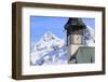 The typical alpine bell tower frames the snowy peaks, Langwies, district of Plessur, Canton of Grau-Roberto Moiola-Framed Photographic Print