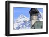 The typical alpine bell tower frames the snowy peaks, Langwies, district of Plessur, Canton of Grau-Roberto Moiola-Framed Photographic Print